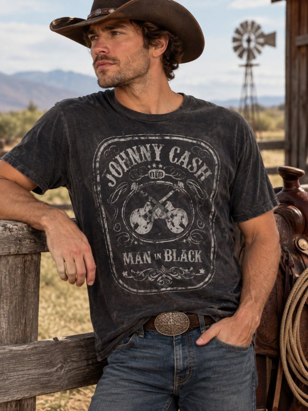 Johnny Cash Man in Black Graphic T Shirt Men's L Black Music Rock Tee